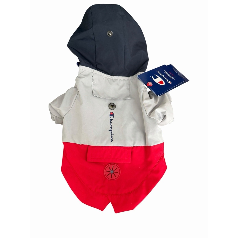 Champion Raincoat‎ Hooded Packable Dog's Jacket XS Red Grey Navy NWT #GG5-1